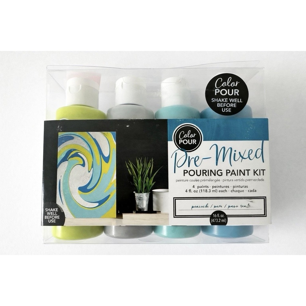 American Crafts Color Pour Pre-Mixed Pouring Paint Kit 4/Pkg Peacock